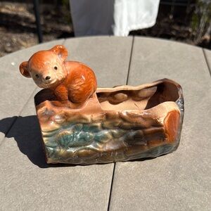 Vintage Brush McCoy ceramic “bear cub on a log” planter